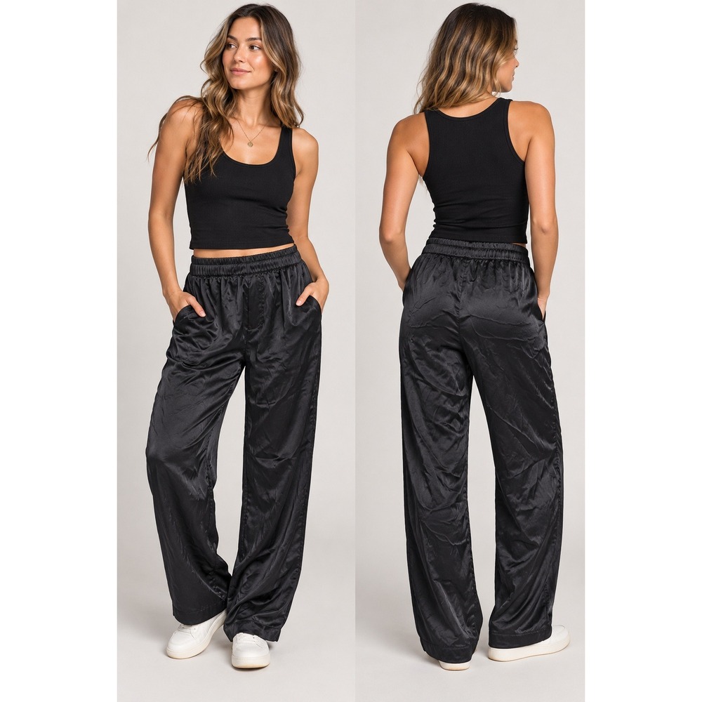 Lunya Washable Silk Pants Womens Small Black High Rise Wide Leg Loungewear